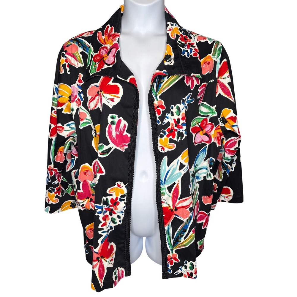 Caroline Rose Womens Black Floral Open Front Jacket 3X Crochet Trim Art to Wear